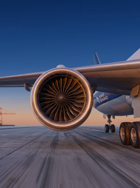 Close-up front view of a commercial airplane jet engine on a runway during sunset.