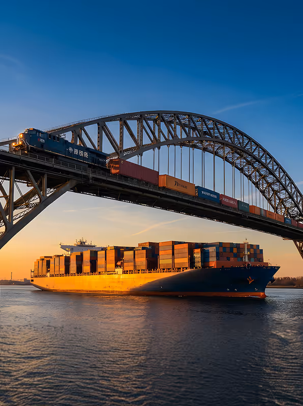 Container ship passing under an arched steel bridge with a freight train on it during sunset.