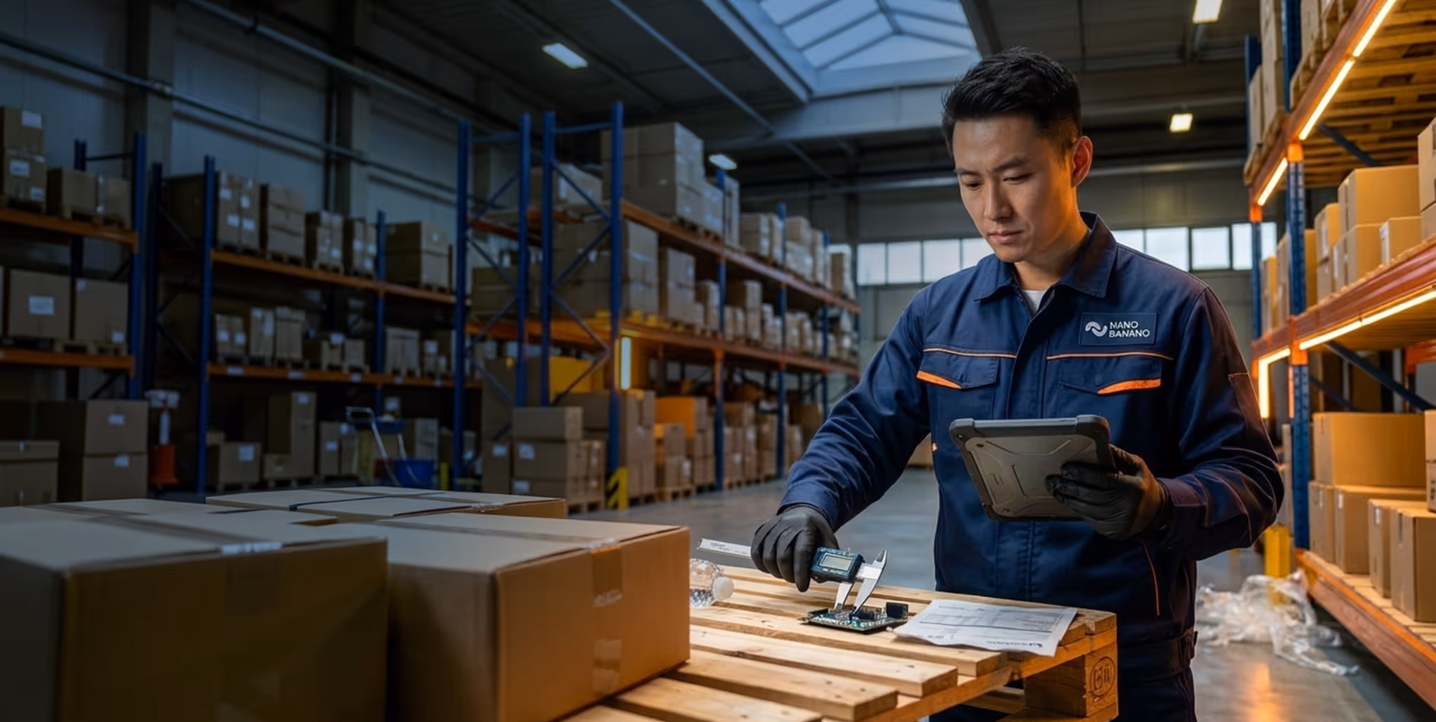 Warehouse worker in blue uniform measuring circuit board with caliper while holding a tablet in a storage facility.