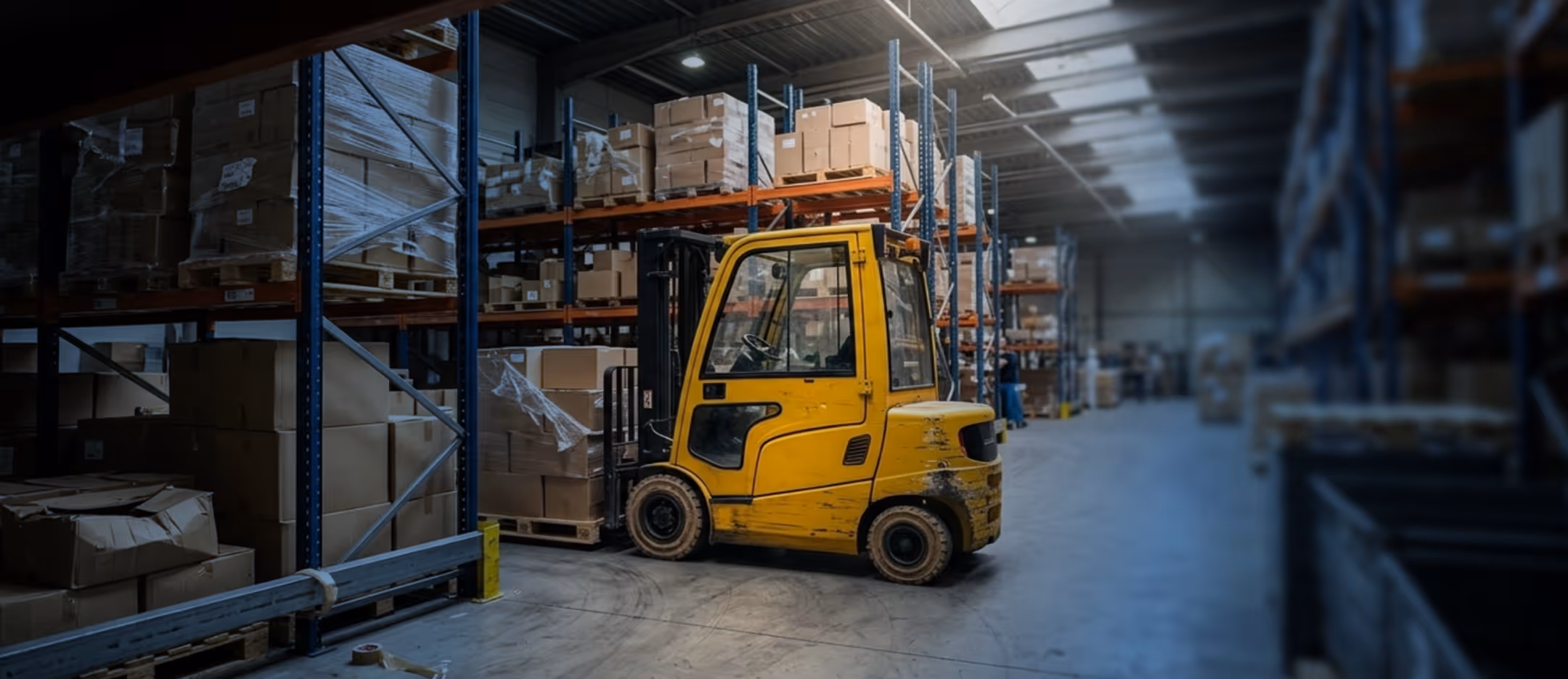 Yellow forklift moving pallets with cardboard boxes inside a large warehouse with stacked shelves.