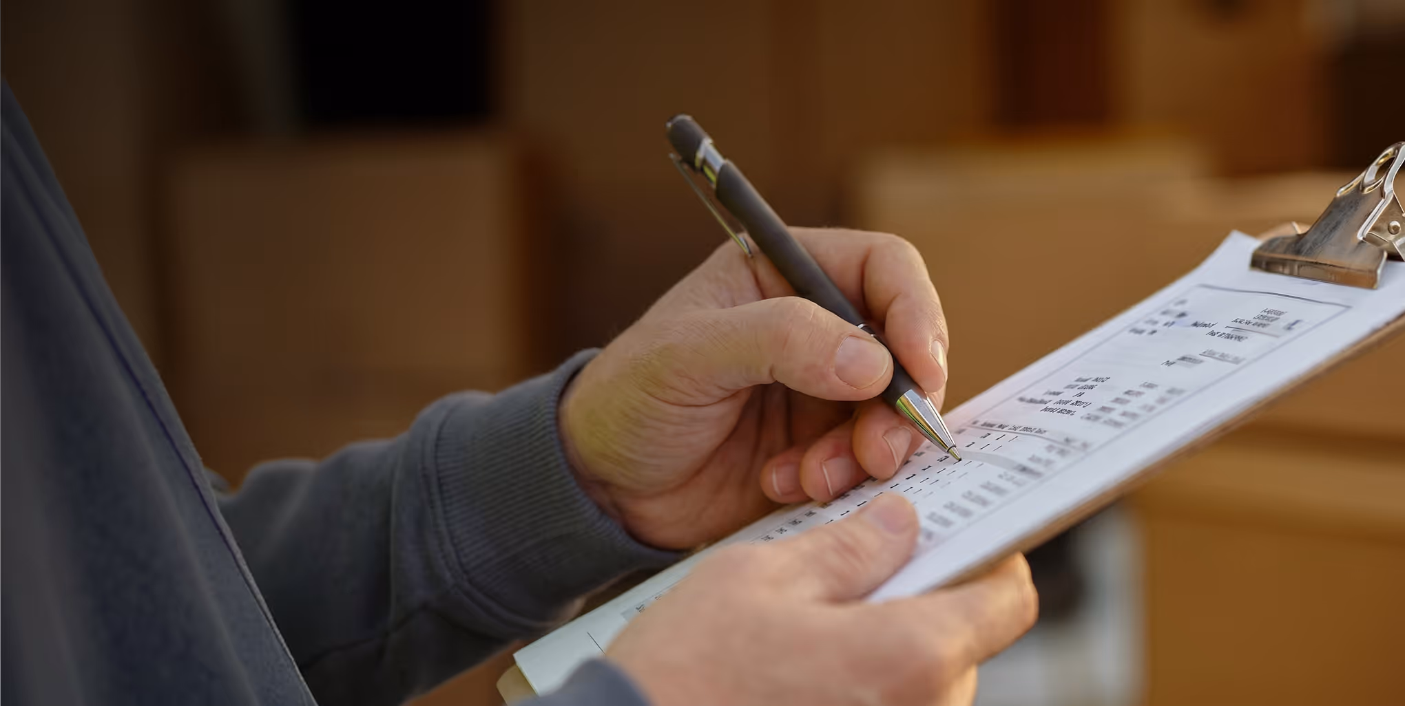 Person writing on a clipboard with a pen, holding a form or checklist.