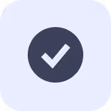White checkmark inside a dark circle on a rounded light blue square background.