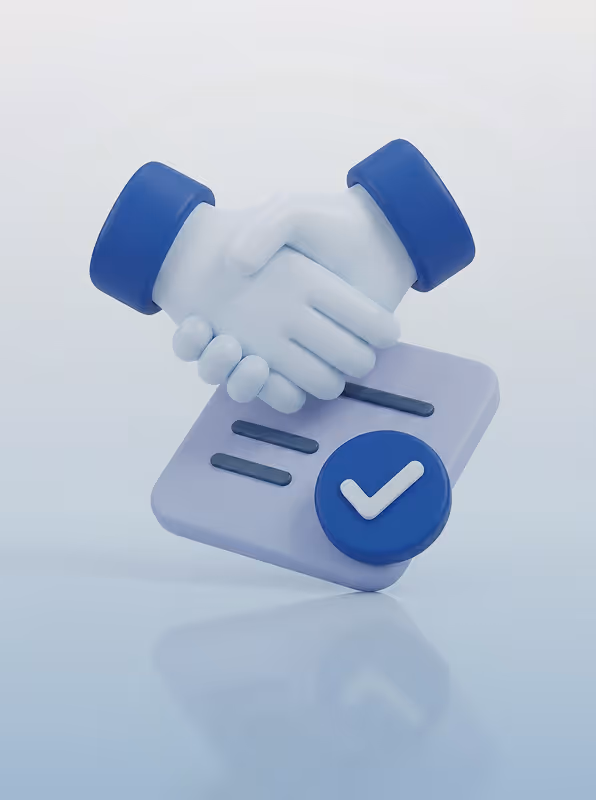 3D illustration of two hands shaking above a document with a blue checkmark symbol.
