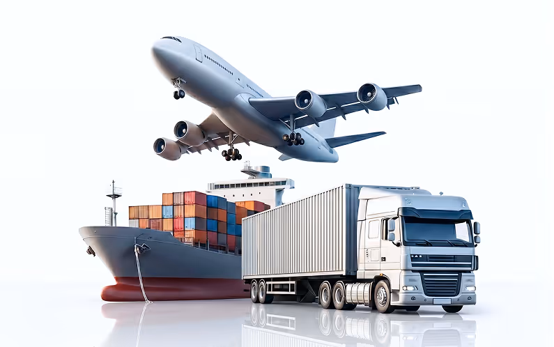 Cargo airplane flying above a container ship loaded with colorful shipping containers and a large white semi-truck with a container trailer on a reflective surface.