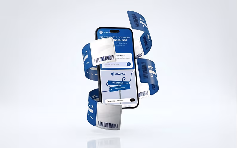 Smartphone displaying a package tracking app surrounded by floating shipping barcode labels.