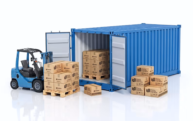 Blue shipping container with open doors, a forklift, and multiple cardboard boxes labeled 'Shipping Around the World'.