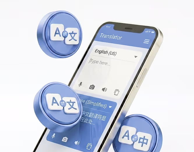 Smartphone screen showing a language translator app translating English (US) to Chinese (Simplified) with translation icons floating around.