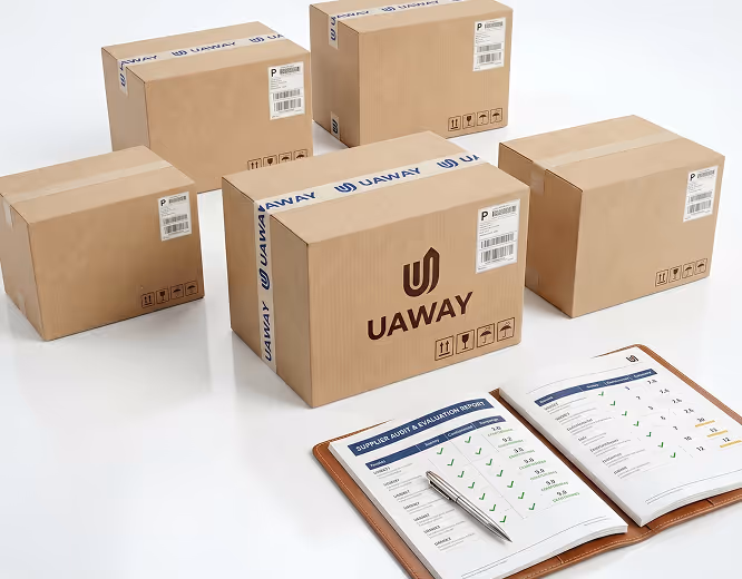 Five cardboard shipping boxes with UAWAY logos and labels, next to an open supplier audit and evaluation report with a pen.