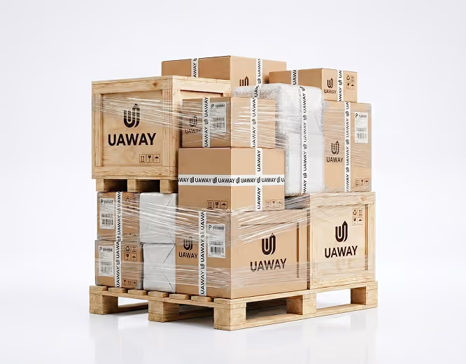 Wooden pallet loaded with various cardboard and wooden boxes wrapped in clear plastic, all labeled with the UAWAY logo.