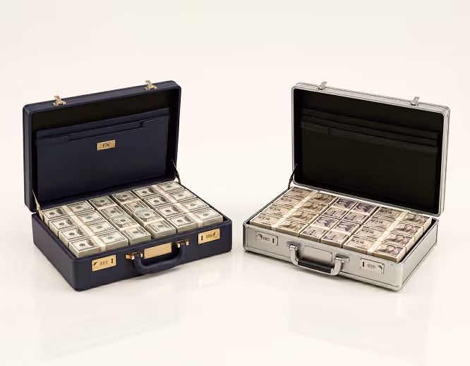 Two open briefcases filled with stacks of US dollar bills placed on a white surface.