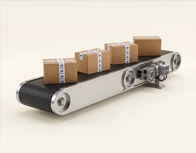 Conveyor belt with four cardboard boxes labeled with white and blue tape on a beige background.