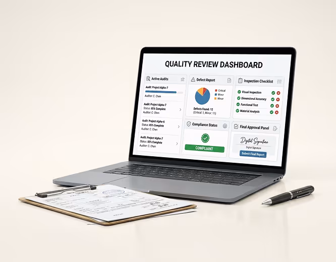 Laptop displaying a quality review dashboard with audits, defect report, inspection checklist, compliance status, and final approval panel, alongside a clipboard with papers and a pen.