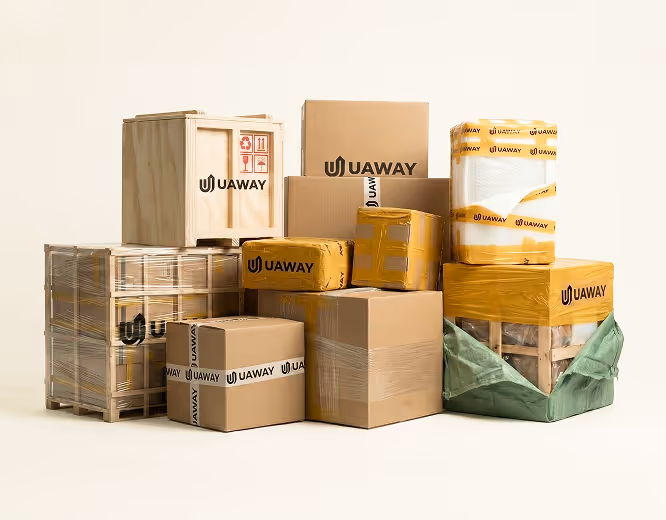 Stack of various cardboard, wooden, and wrapped packages with Uaway logos on a light background.