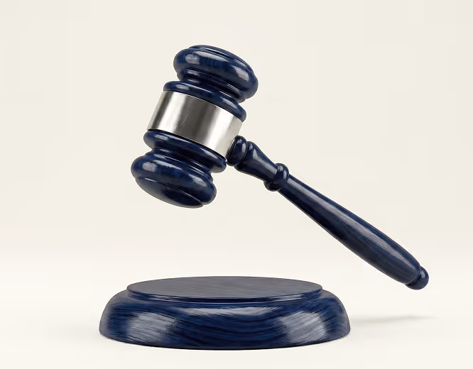 Dark wooden judge's gavel with a silver band resting above a matching round base on a light background.