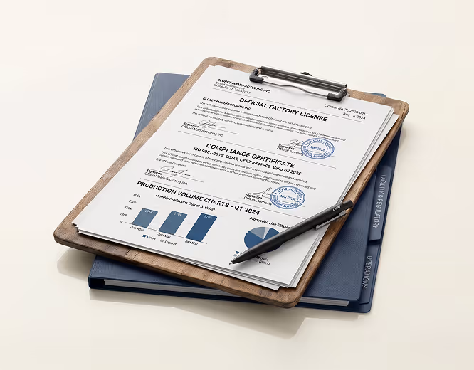 Clipboard with official factory license, compliance certificate, and production volume charts placed on top of two blue folders, with a black pen resting on the papers.