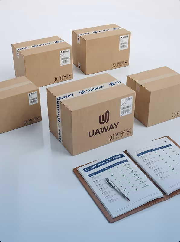 Five cardboard boxes with UAWAY branding and a clipboard with supplier audit and evaluation reports on a white surface.