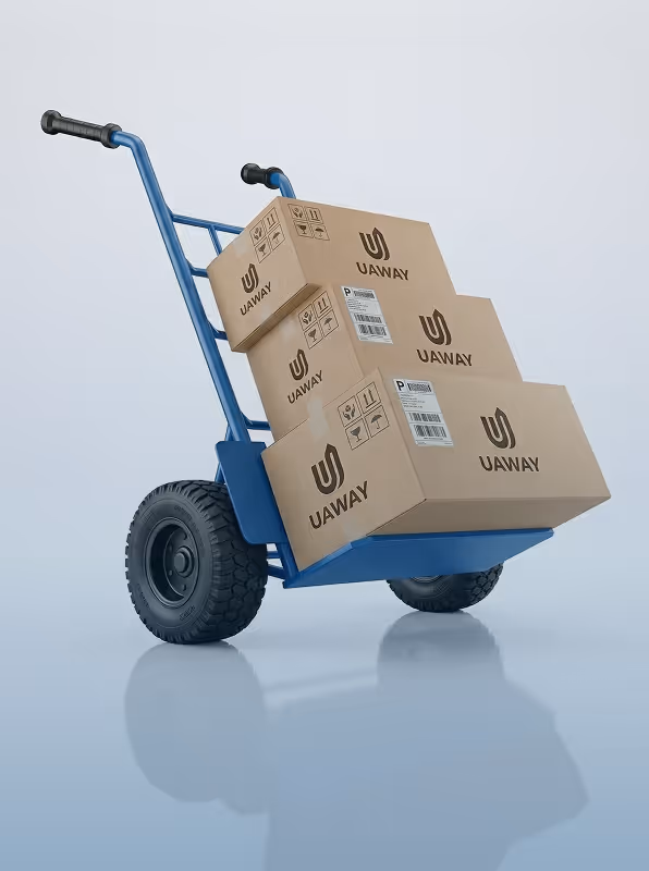 Blue hand truck loaded with four stacked cardboard boxes labeled 'UAWAY' on a reflective surface.