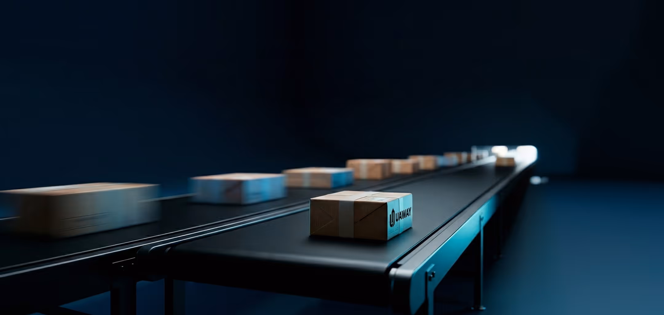 Packages moving on a conveyor belt in a dark warehouse, with one package labeled Uaway in focus.