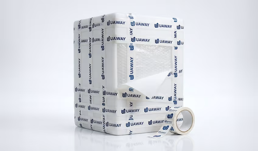 Cube wrapped in white tape with blue UAWAY logo and a roll of the same tape beside it.