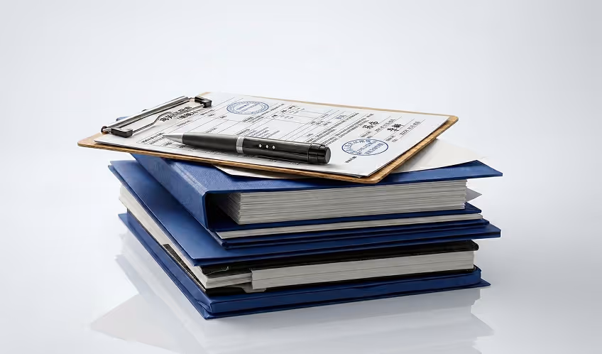 Stack of blue binders with a clipboard and black pen on top against a white background.
