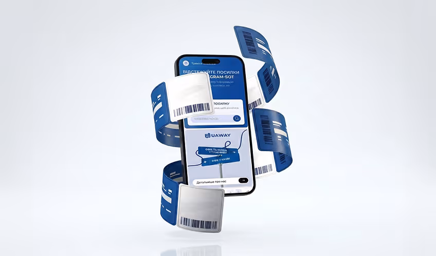 Smartphone displaying a parcel tracking app with floating blue and white barcode labels around it.