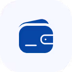 Blue wallet icon with a clasp on a rounded white square background.