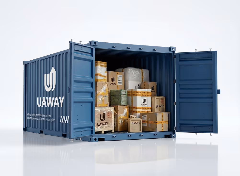 Blue shipping container with open doors filled with stacked cardboard boxes and packages labeled UAWAY.