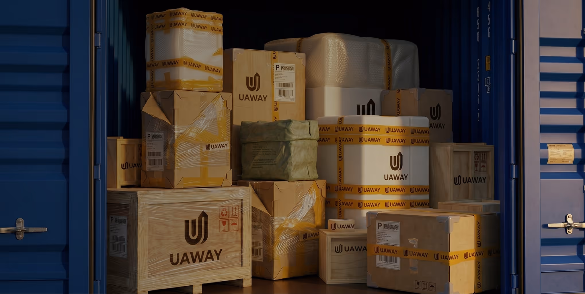 Stack of various cardboard and wooden shipping boxes sealed with yellow tape labeled UAWAY inside a blue shipping container.