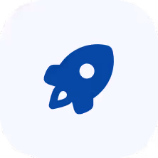 Blue rocket icon on a rounded white square background.