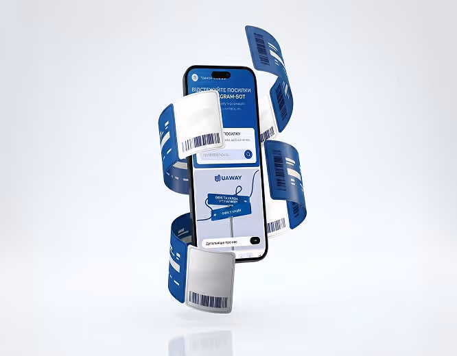 Smartphone surrounded by floating blue and white shipping labels with barcodes, representing a parcel tracking app.