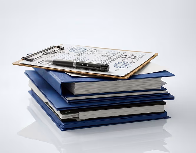 Stack of blue binders with a clipboard holding a document and a black pen on top.