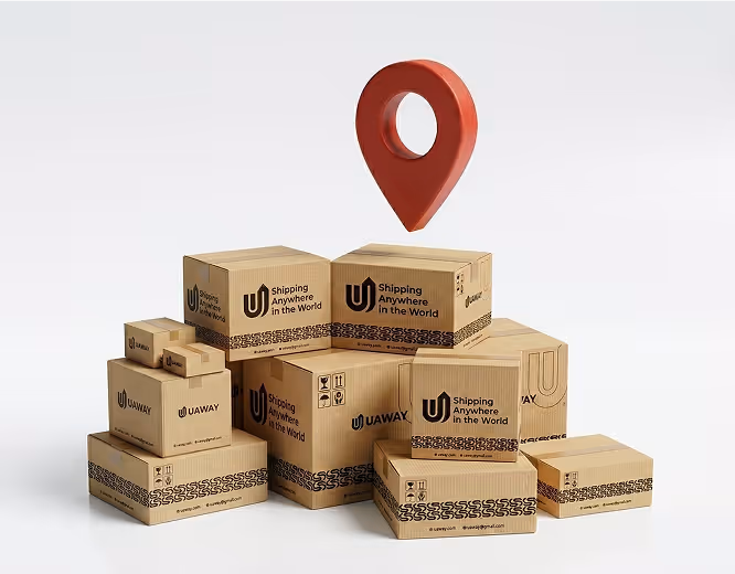 Stack of cardboard shipping boxes labeled 'Shipping Anywhere in the World' beneath a floating red location pin icon.