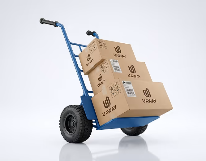 Blue hand truck carrying four stacked cardboard boxes labeled UAWAY against a white background.