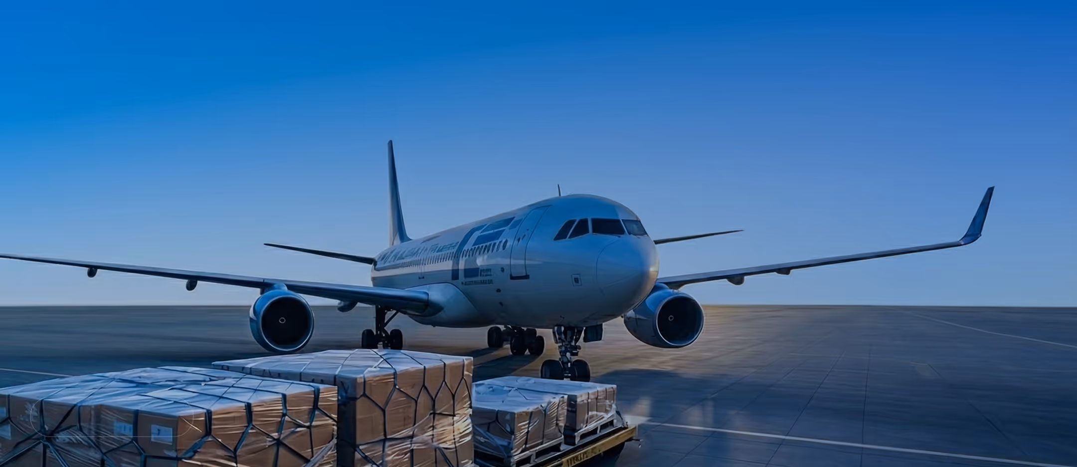 Cargo plane on runway with pallets of boxed freight wrapped in plastic ready for loading.