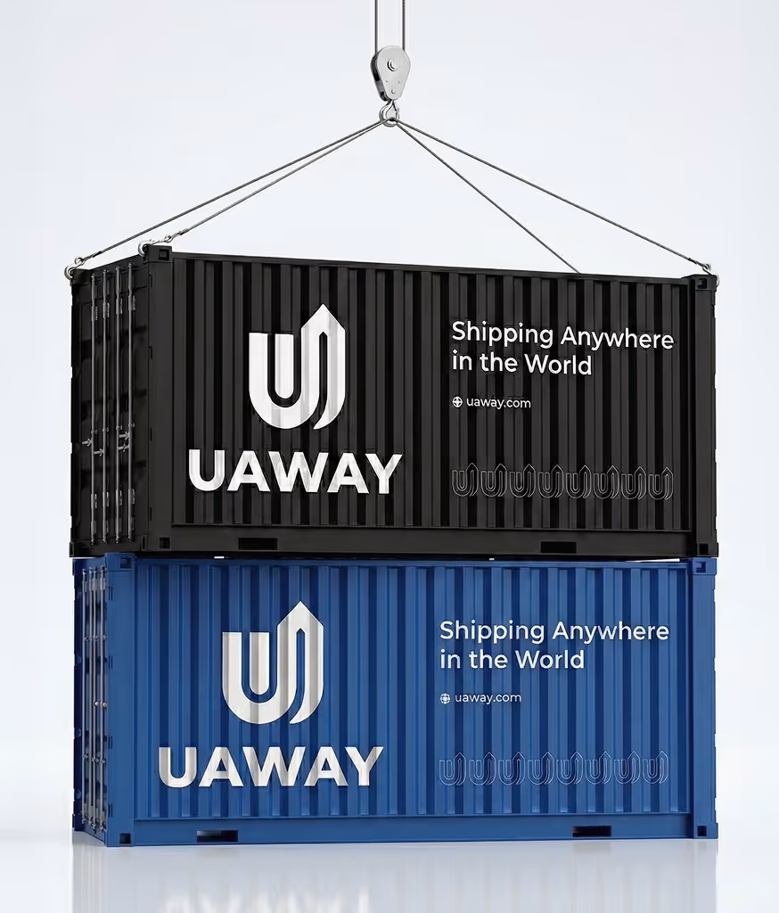 Two stacked shipping containers, black on top and blue on bottom, both branded UAWAY with text 'Shipping Anywhere in the World' and the website 'uaway.com'.
