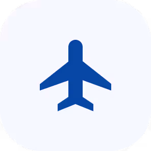 Blue airplane icon centered on a rounded white square background.
