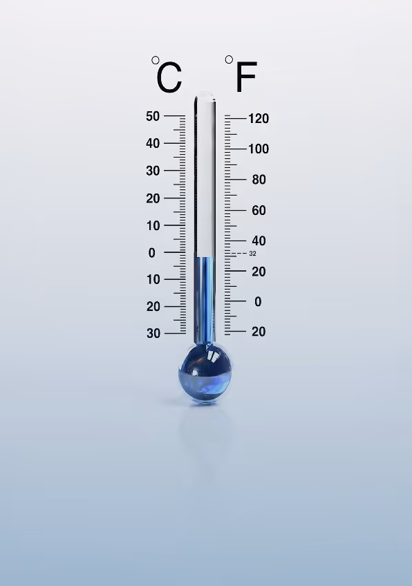 Thermometer showing temperatures in Celsius and Fahrenheit with blue liquid level around 18°C and 64°F.