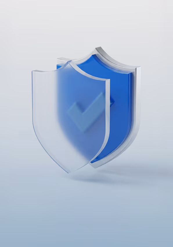 3D rendering of two overlapping shields, one blue with a checkmark and the other translucent white.