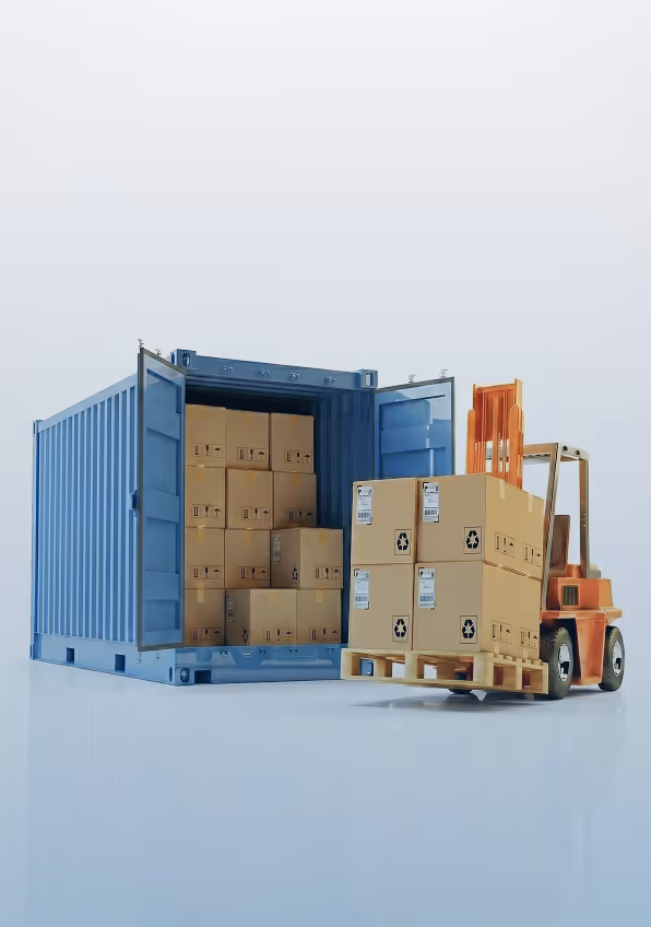 Orange forklift loading cardboard boxes on a pallet into an open blue shipping container.