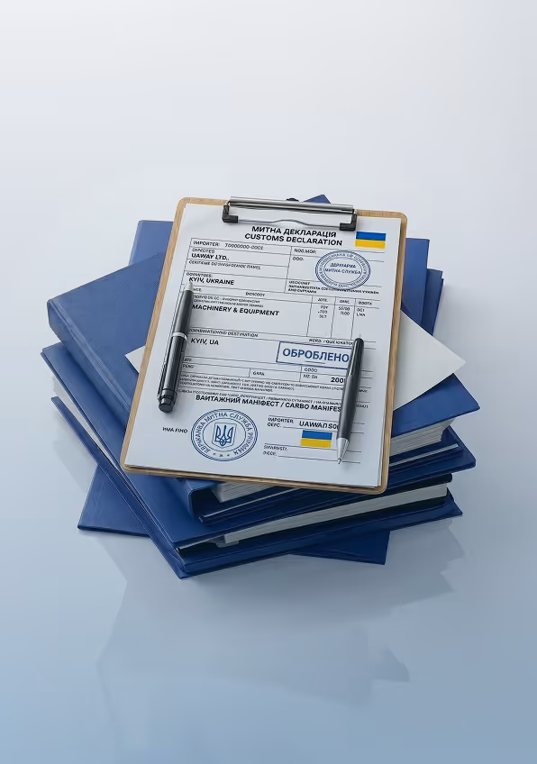 Clipboard with a customs declaration form, two pens, and a stack of blue folders on a reflective surface.