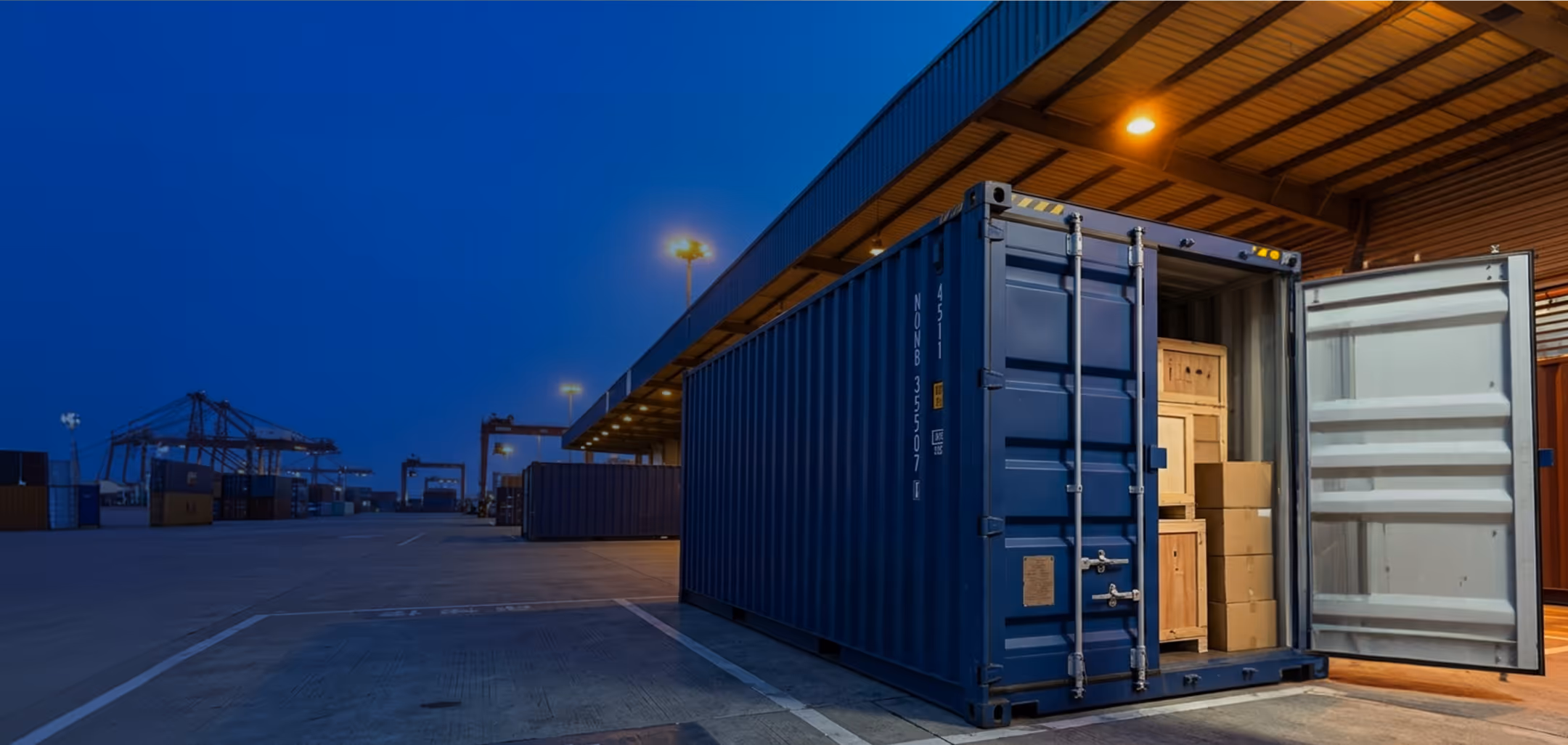 Open blue shipping container at dock with wooden crates and cardboard boxes inside during nighttime.
