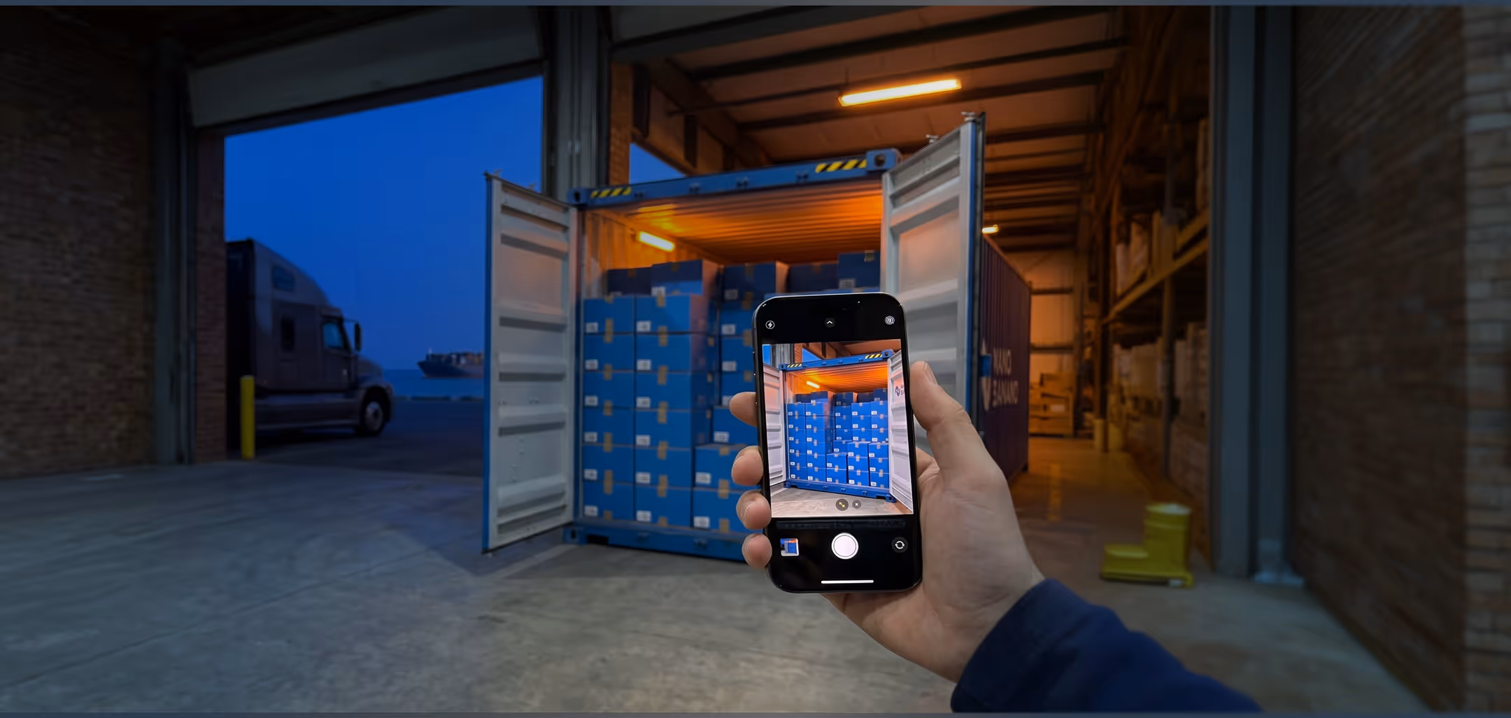 Person holding a smartphone taking a photo of an open shipping container filled with stacked blue boxes inside a warehouse at dusk.