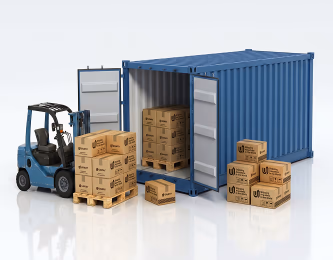 Blue forklift loading stacked brown cardboard boxes onto a wooden pallet next to an open blue shipping container filled with similar boxes.