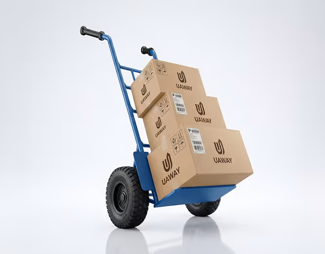 Blue hand truck carrying four stacked cardboard boxes labeled UAWAY against a white background.