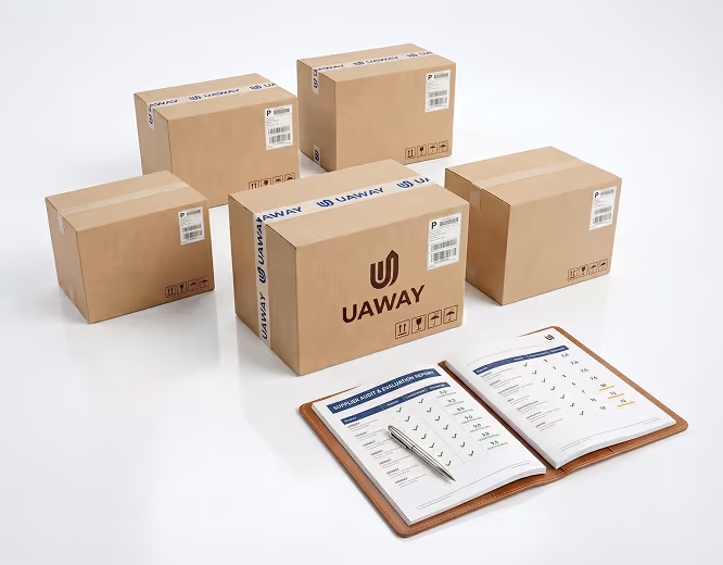 Five cardboard shipping boxes with UAWAY branding and shipping labels next to an open clipboard displaying a supplier audit checklist with pen.