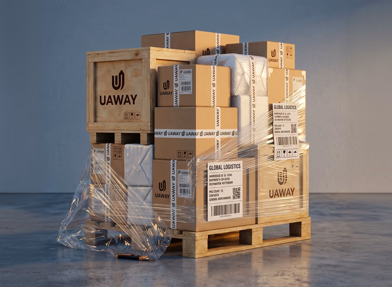 Stacked shipping boxes and wooden crates wrapped in clear plastic on a wooden pallet labeled UAWAY with shipping tags for global logistics.