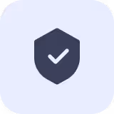 Dark shield icon with a white checkmark inside on a light rounded square background.