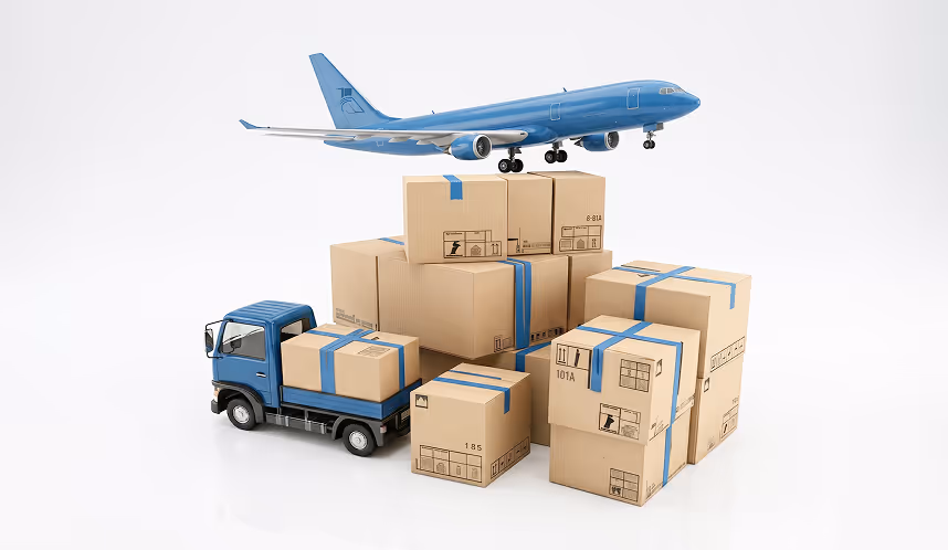 Blue cargo airplane flying above a small blue delivery truck and a pile of cardboard boxes with blue straps on a white background.
