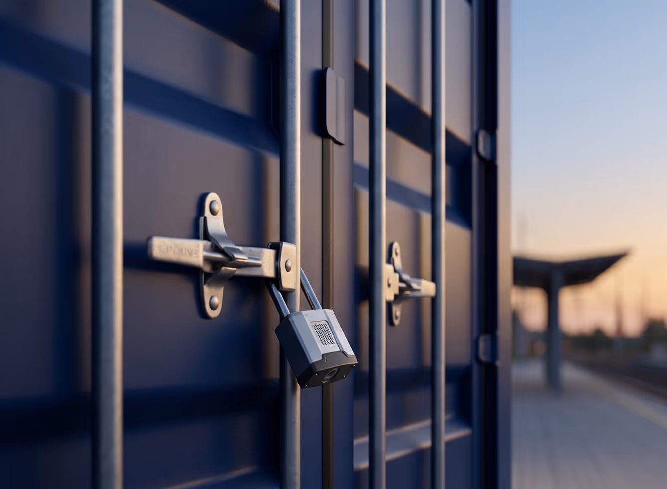 Close-up of a locked padlock securing the metal doors of a dark blue shipping container at sunset.
