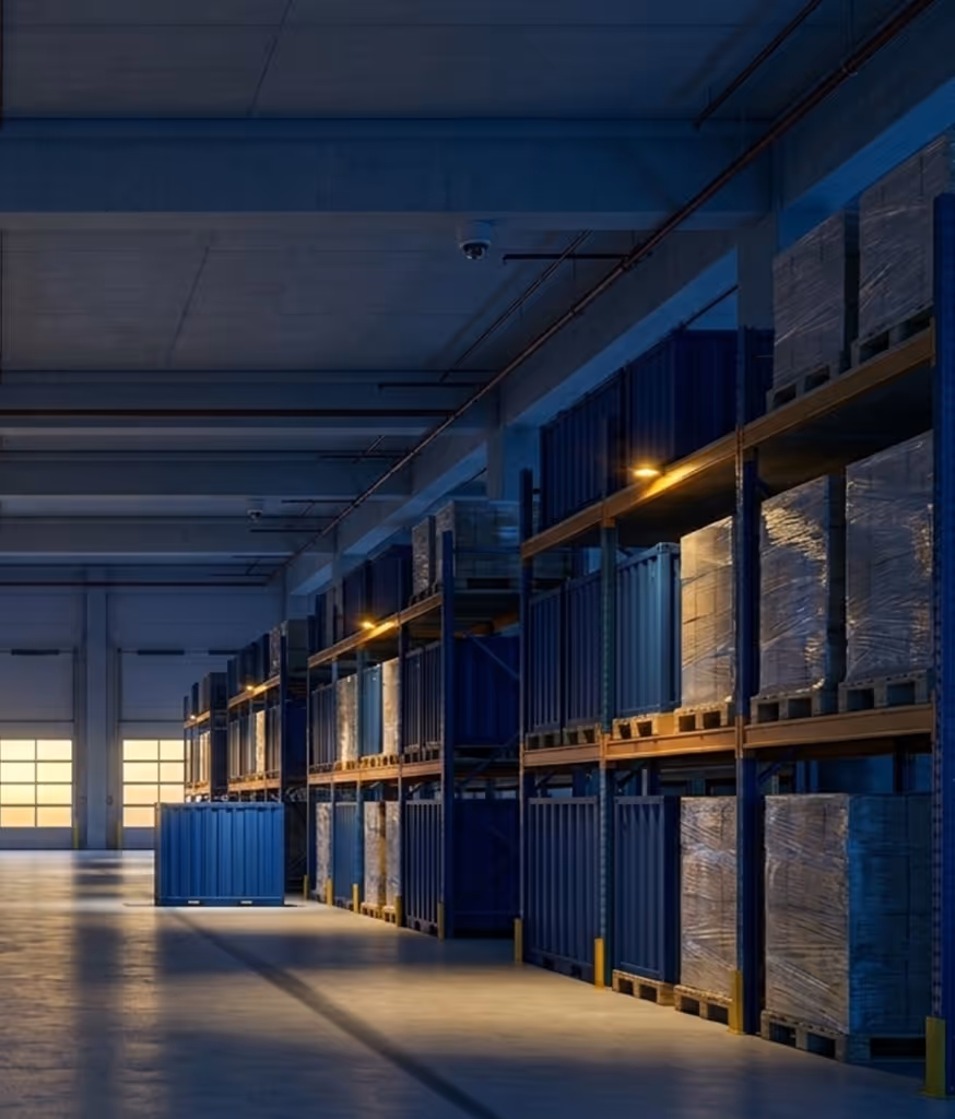 Warehouse interior with tall shelves holding blue containers and palletized goods wrapped in plastic at sunset.